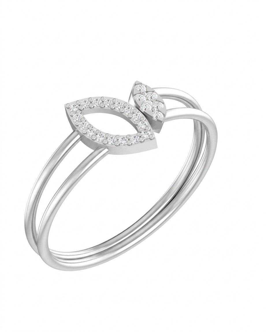 A white gold double-band ring featuring a leaf-shaped top pavé-set, shown on a plain white background.