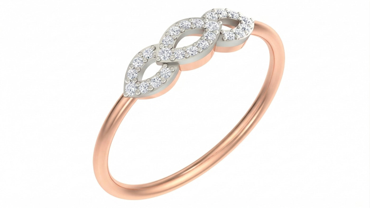 Rose gold and diamond women's ring on a white background.