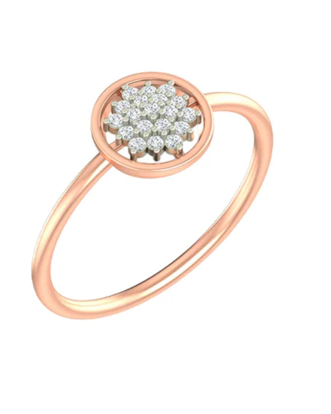 Rose gold and diamond with round-shaped and center floral cluster setting on a white background.