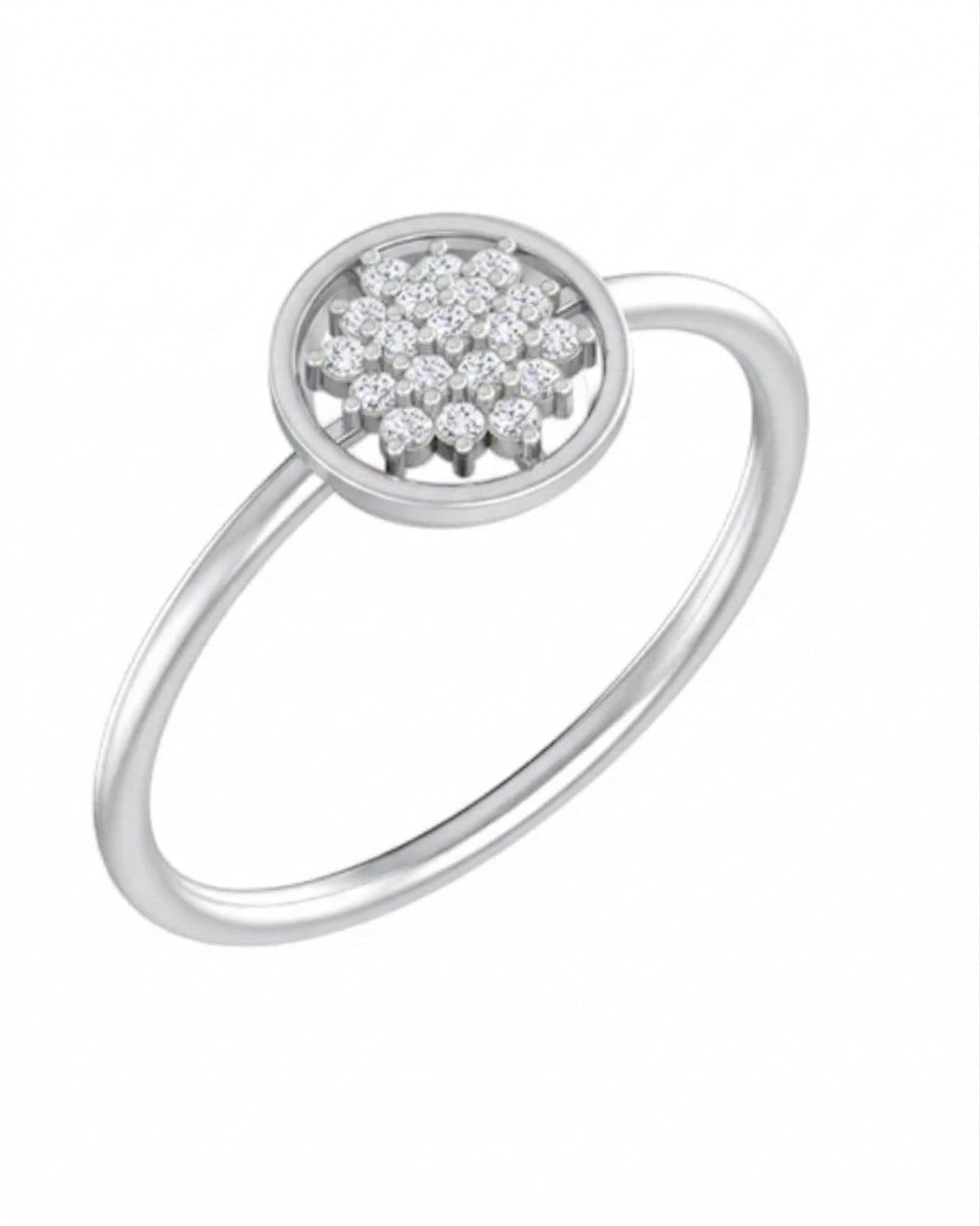 White gold and diamond with round-shaped and center floral cluster setting on a white background.