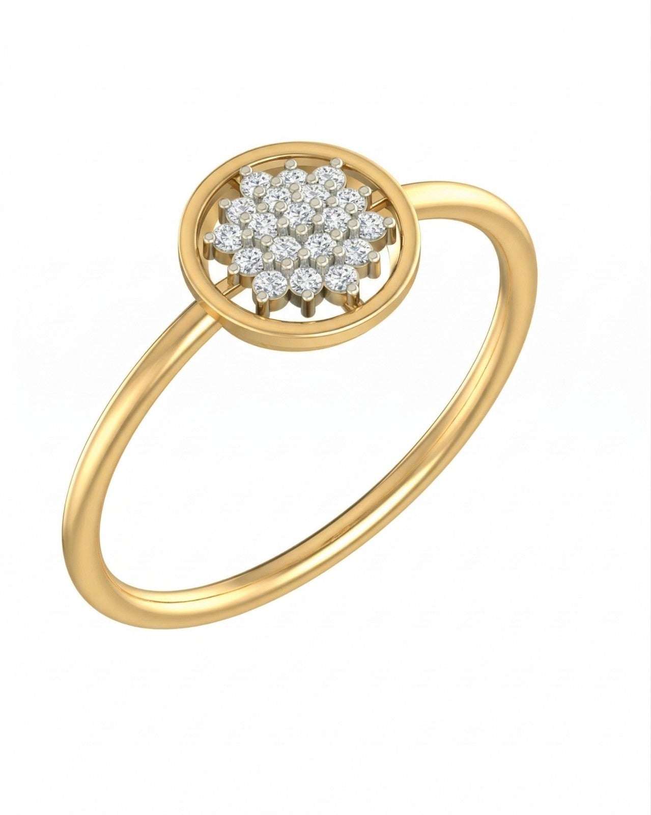 Yellow gold and diamond with round-shaped and center floral cluster setting on a white background.