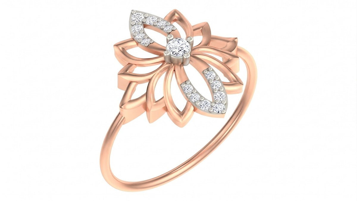 A rose gold ring featuring a stylized lotus flower design, shown on a plain white background.