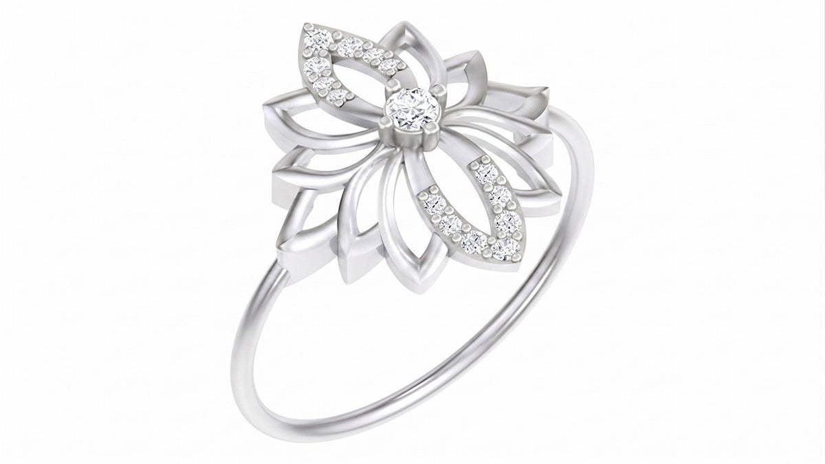 A white gold ring featuring a stylized lotus flower design, shown on a plain white background.