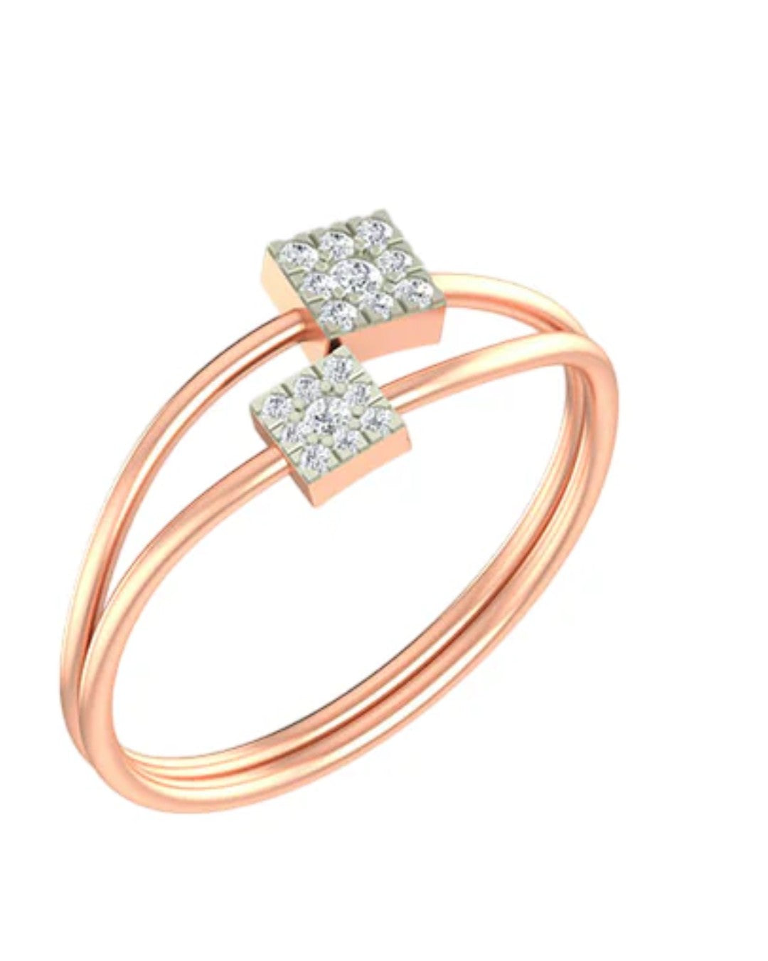 Rose gold and diamond ring with two square cluster on a white background