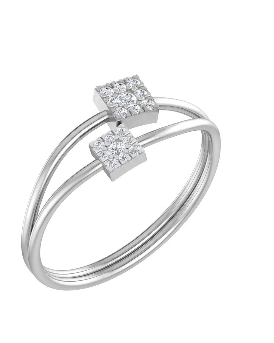 White gold and diamond ring with two square cluster on a white background
