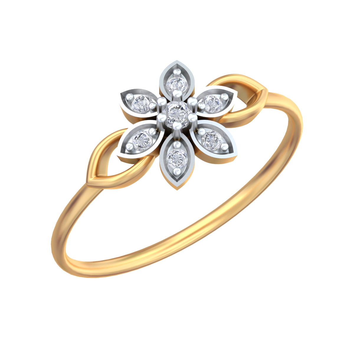 Yellow gold ring with a floral design adorned with small diamonds.