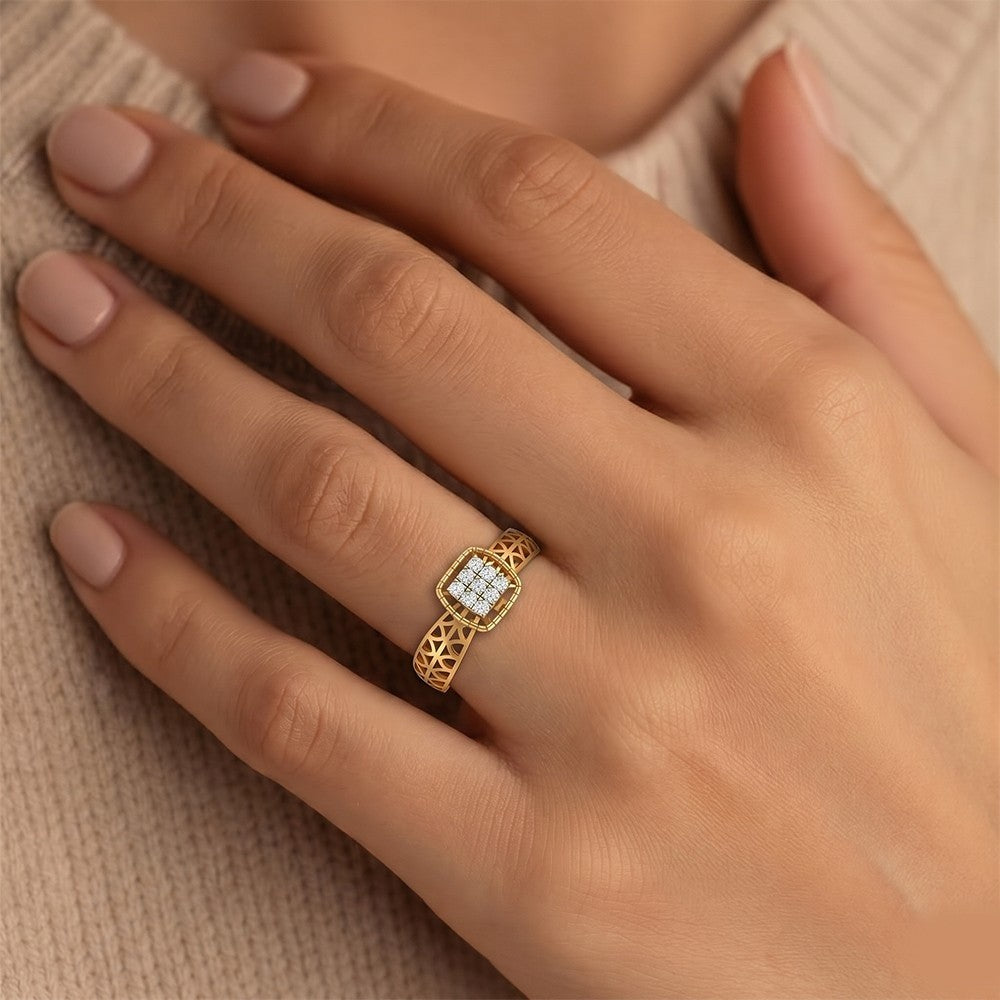 Close-up shot of a gold and diamond with cluster setting ring.