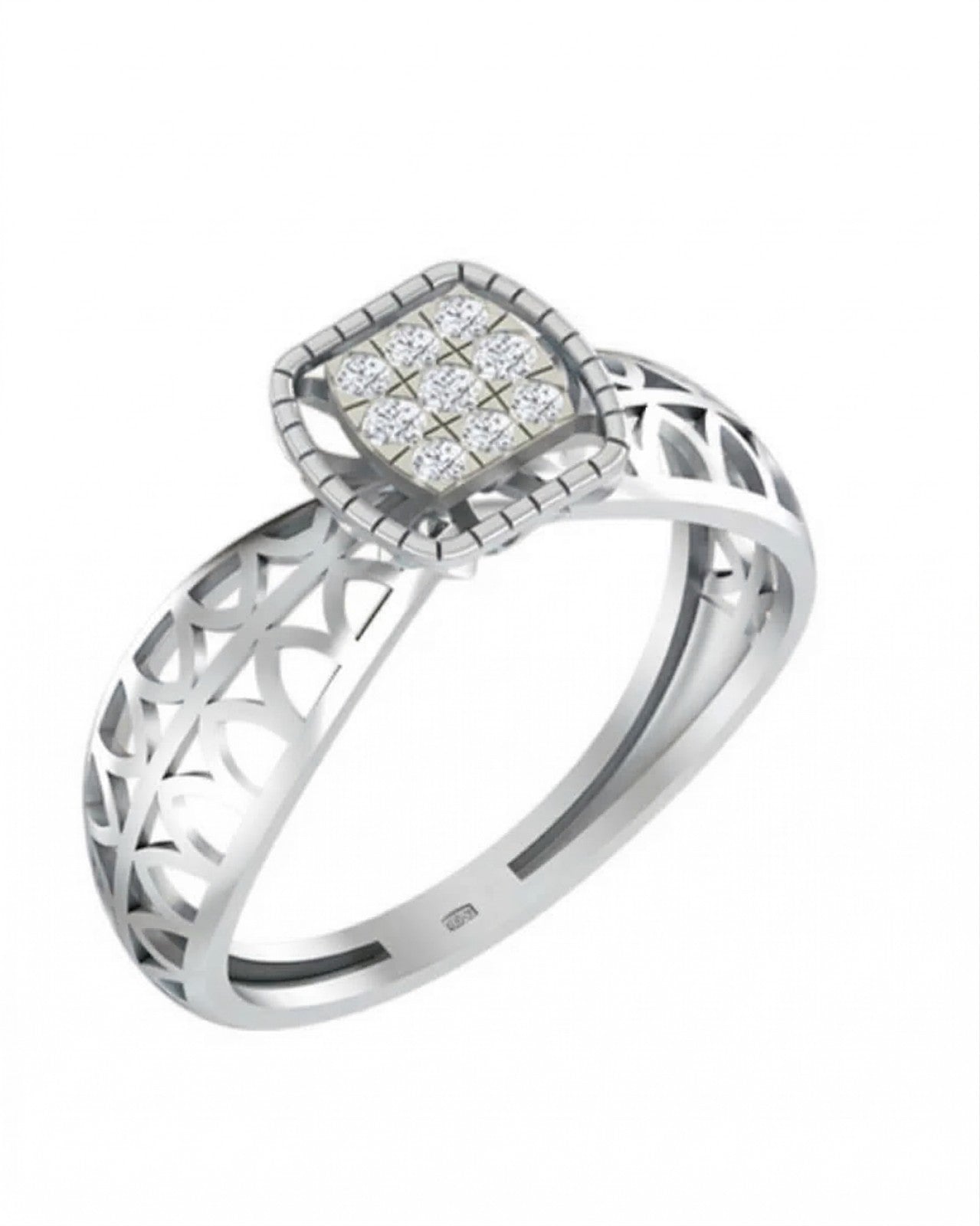 White gold and diamond with cluster setting on a white background.