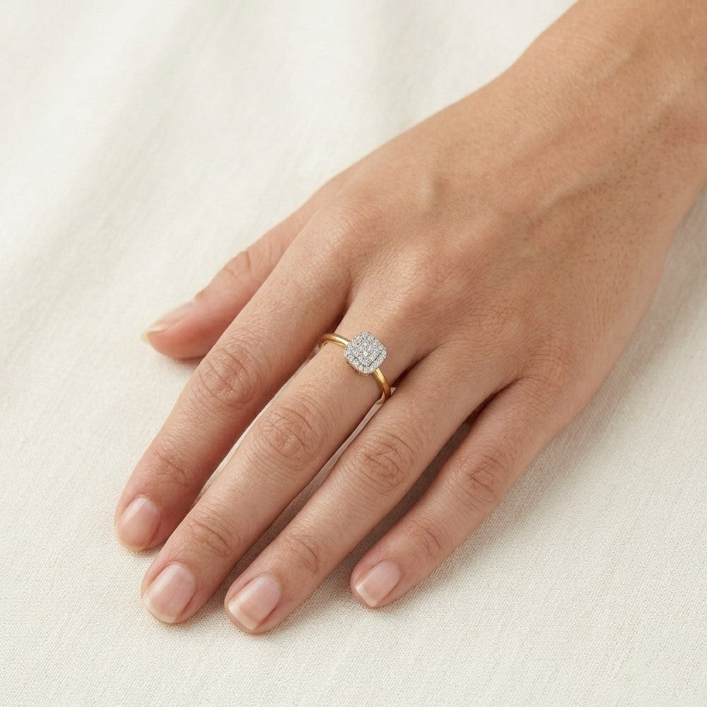 Close-up shot of a gold and diamond with cluster setting ring.