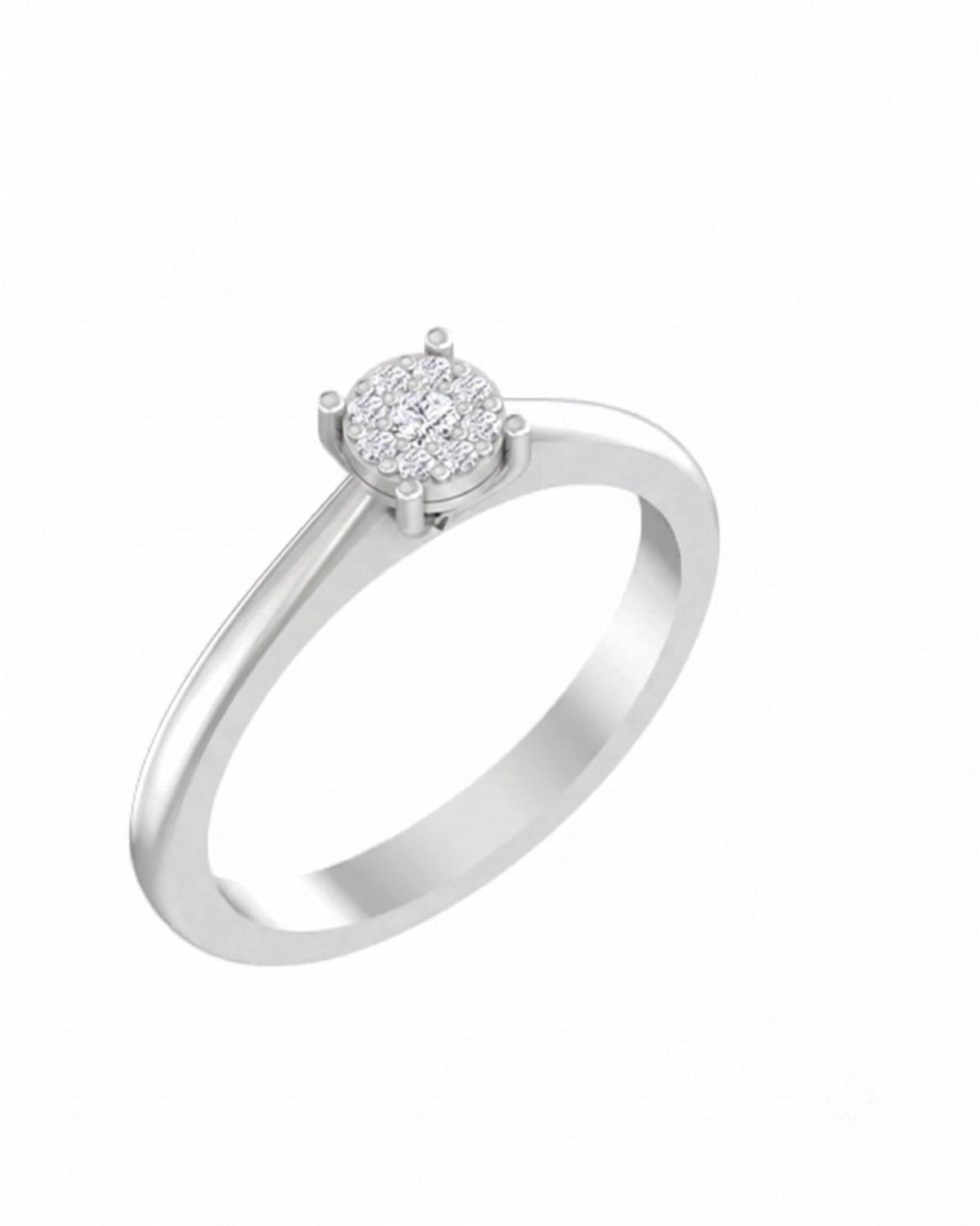 A white gold and diamond ring with a round diamond cluster center stone, shown on a plain white background.