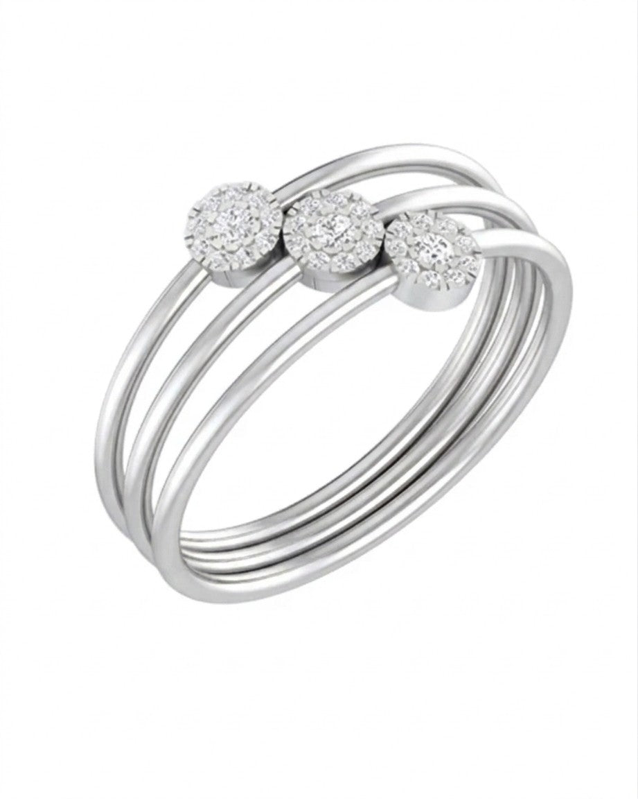A white gold triple-band ring with three round-cut diamond clusters on the top, shown against a plain white background.