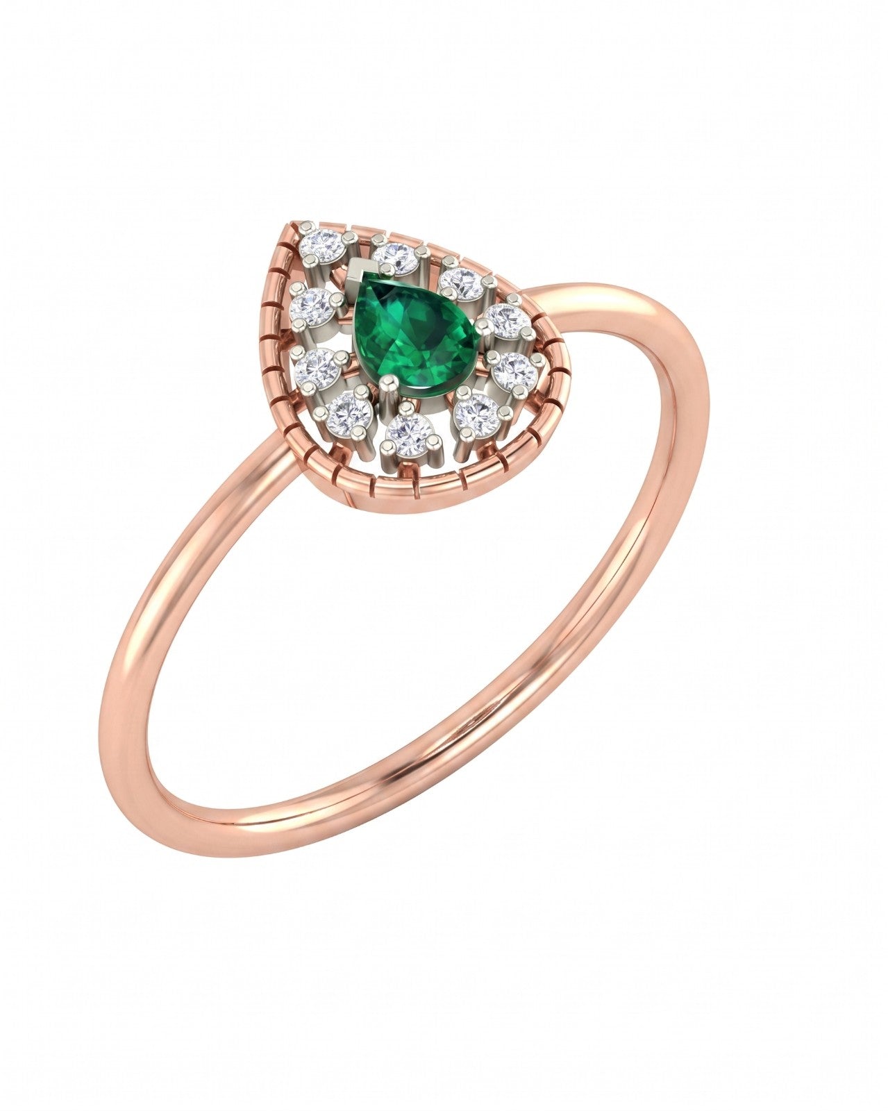 Rose gold and diamond with teardrop emerald gemstone setting on a white background.