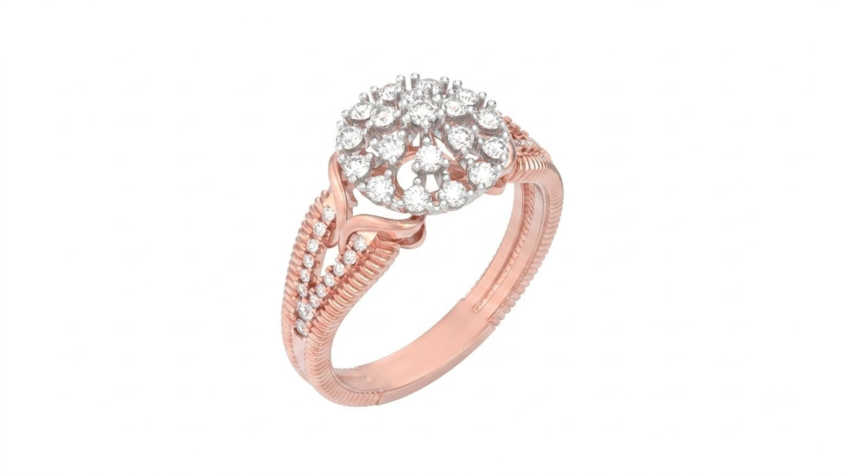 Rose gold and diamond with cluster setting on a white background.