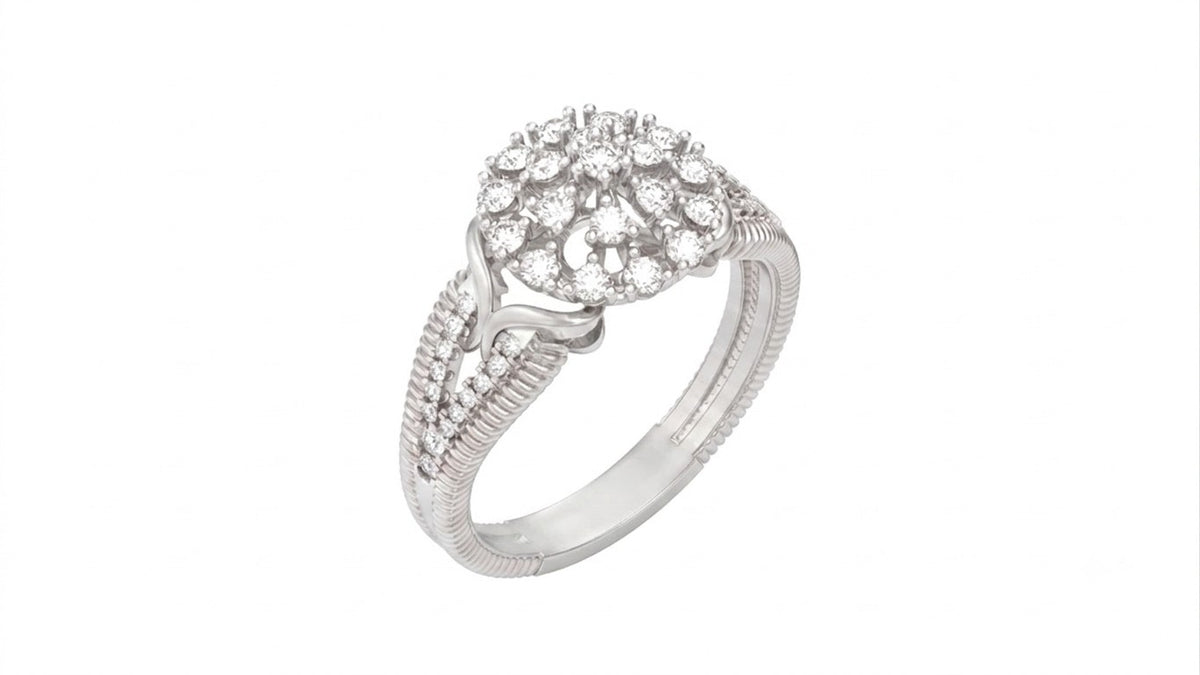 White gold and diamond with cluster setting on a white background.
