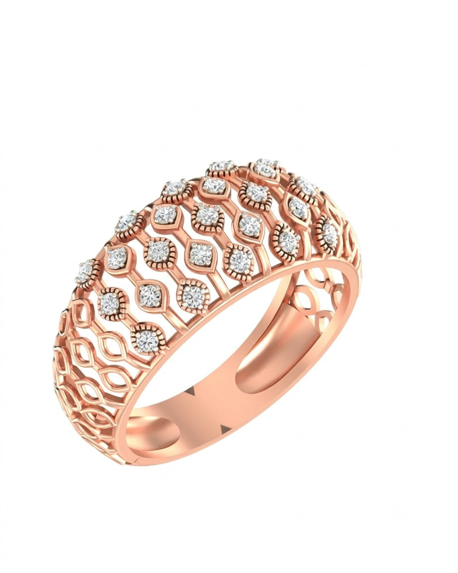 Rose gold aand diamond with mesh band ring on a white background.