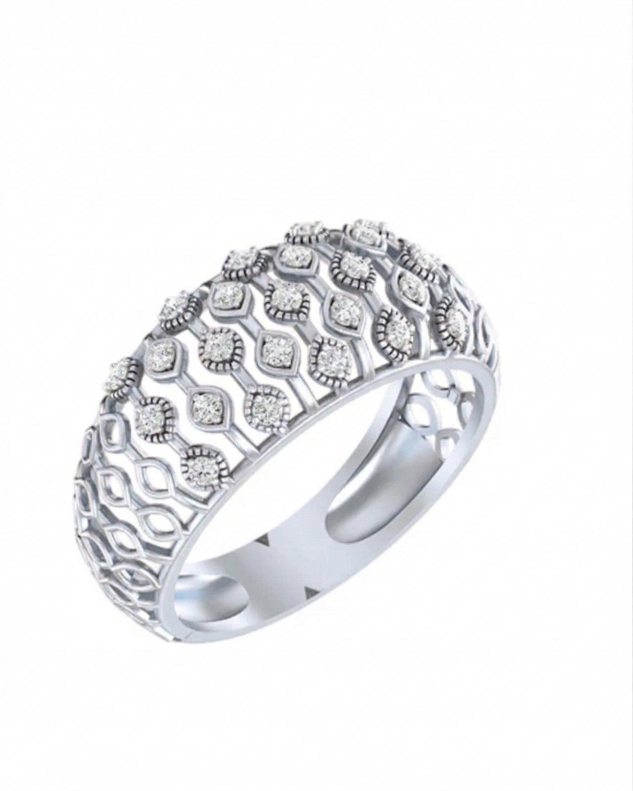 White gold aand diamond with mesh band ring on a white background.