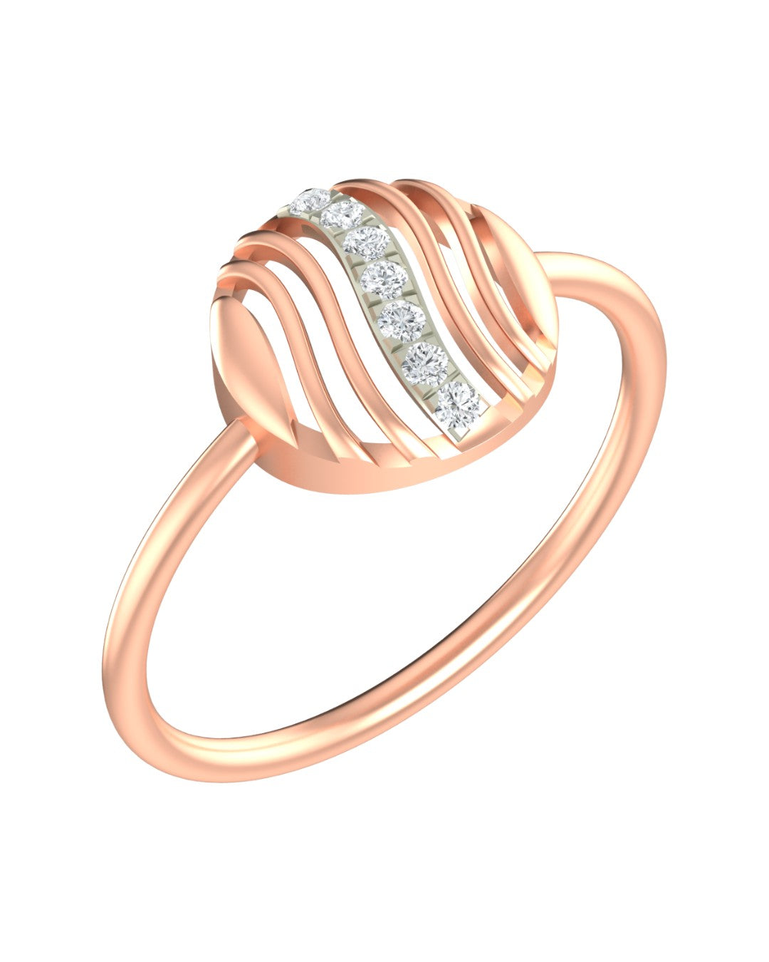 Rose gold and diamond with circular  setting on a white background.