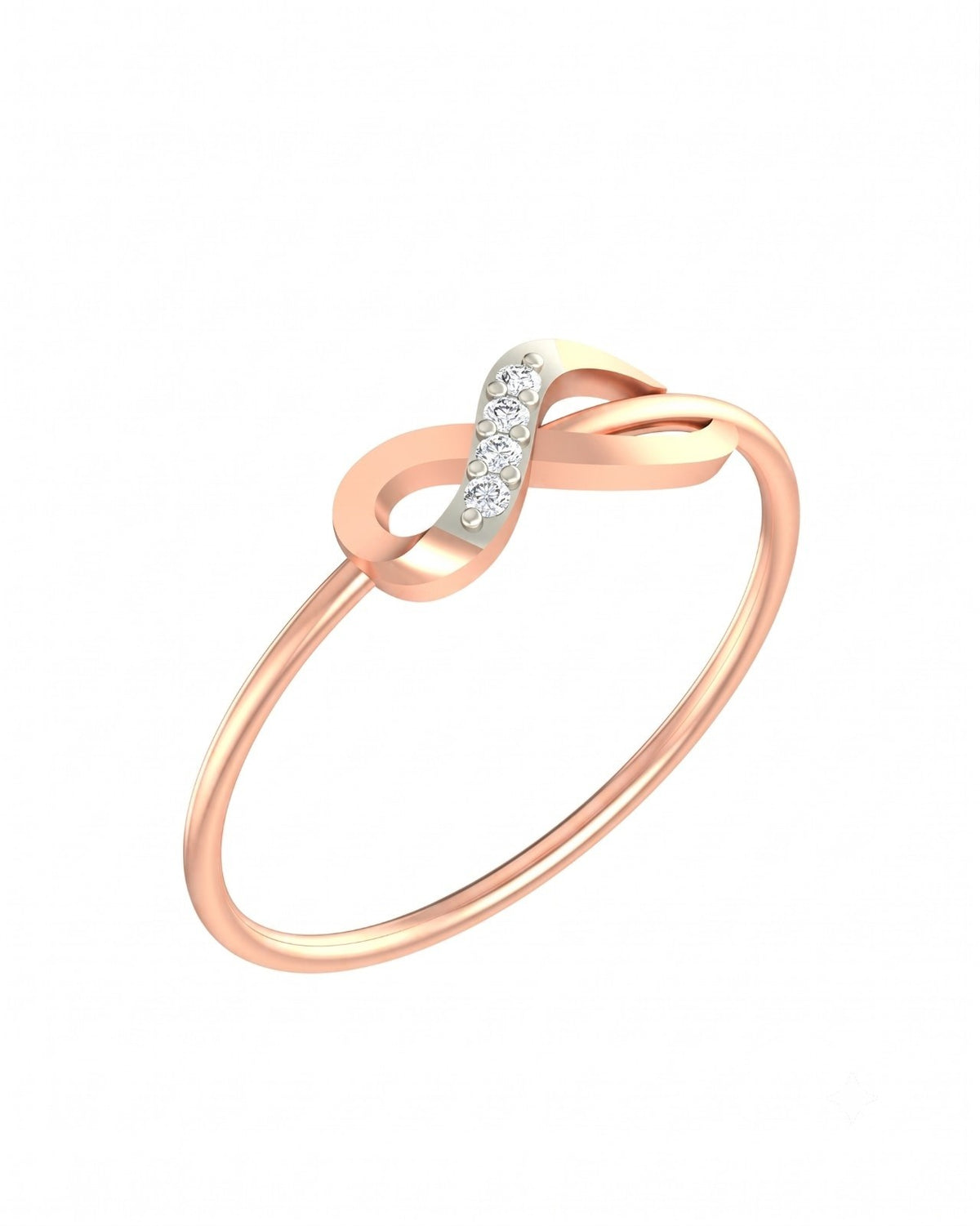 Rose gold and diamond with infinity design on a white background.