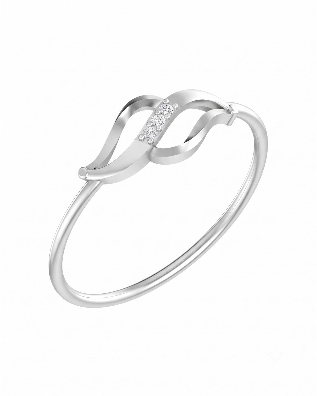 A white gold ring with a stylized, flowing open design featuring a small central diamonds , shown on a plain white background.