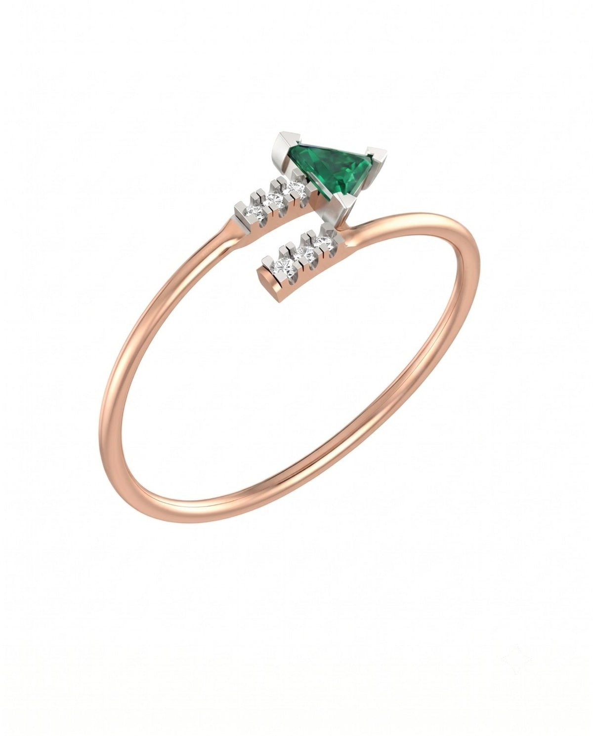 Rose gold ring with a emerald gemstone and smaller diamonds on a white background