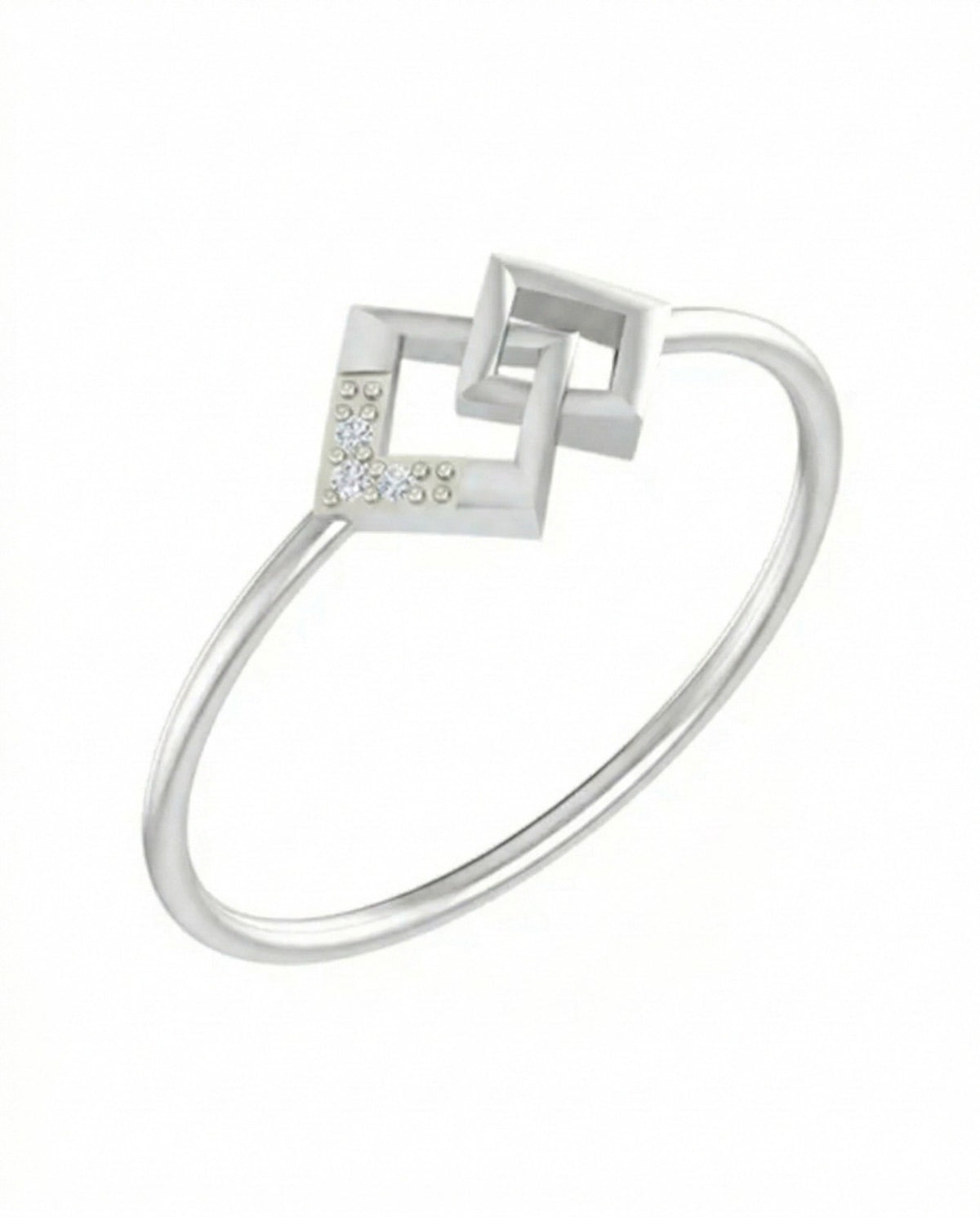 White gold ring with geometric design on a white background