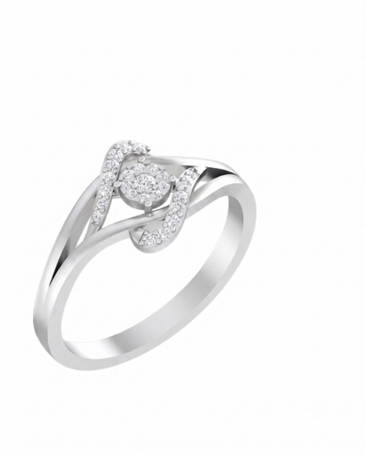 A white gold ring with a central round diamond, shown on a plain white background.