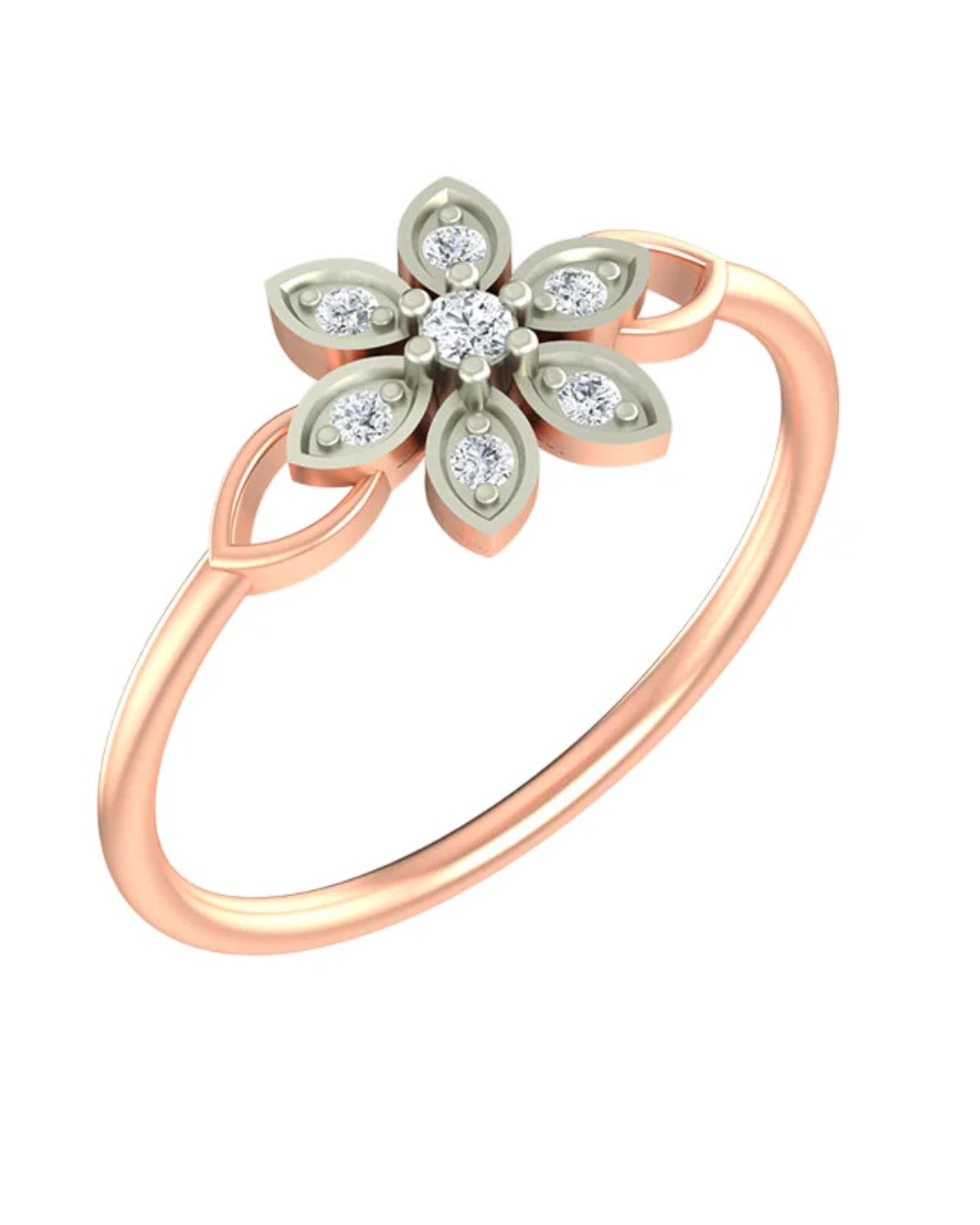 Rose gold and diamond ring with a floral design on a white background
