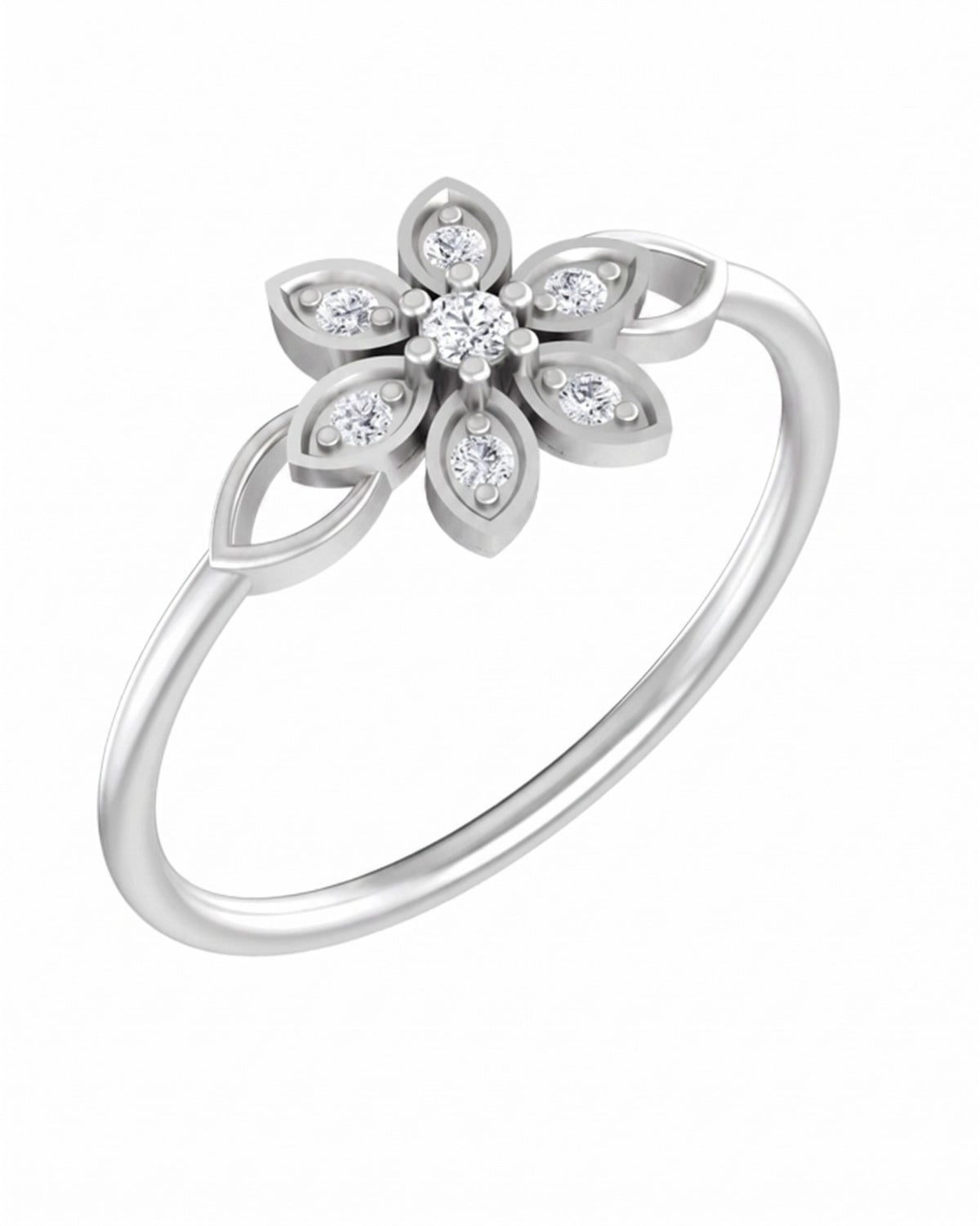 White gold and diamond ring with a floral design on a white background