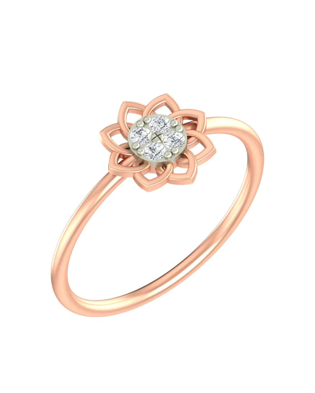 Rose gold and diamond with floral-design and cluster setting on a white background.
