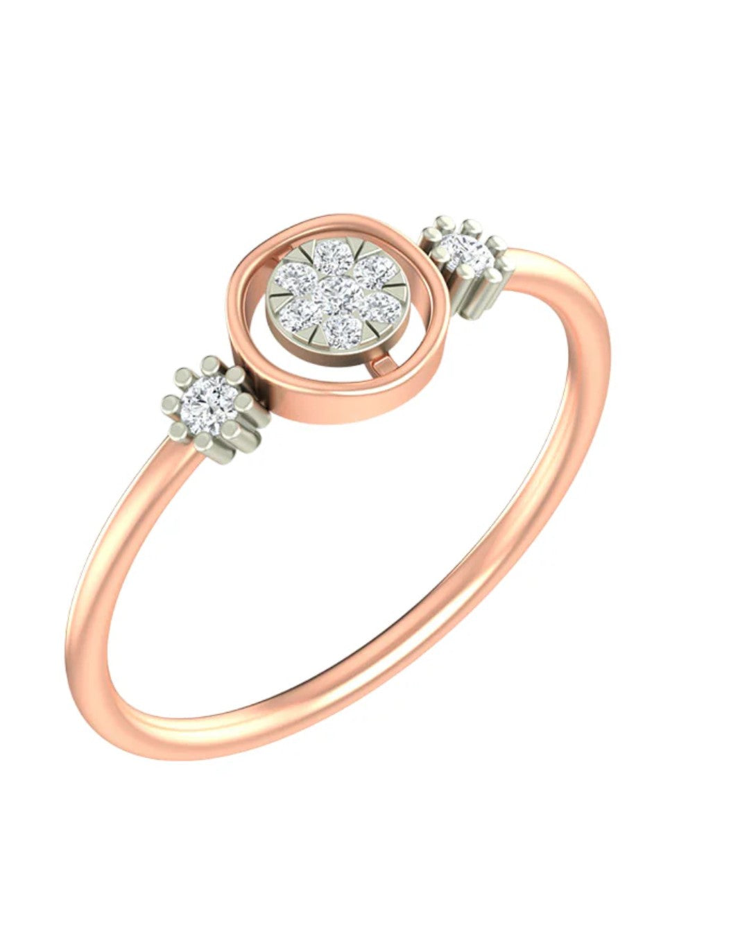 Rose gold and diamond with round-shaped cluster setting on a white background.