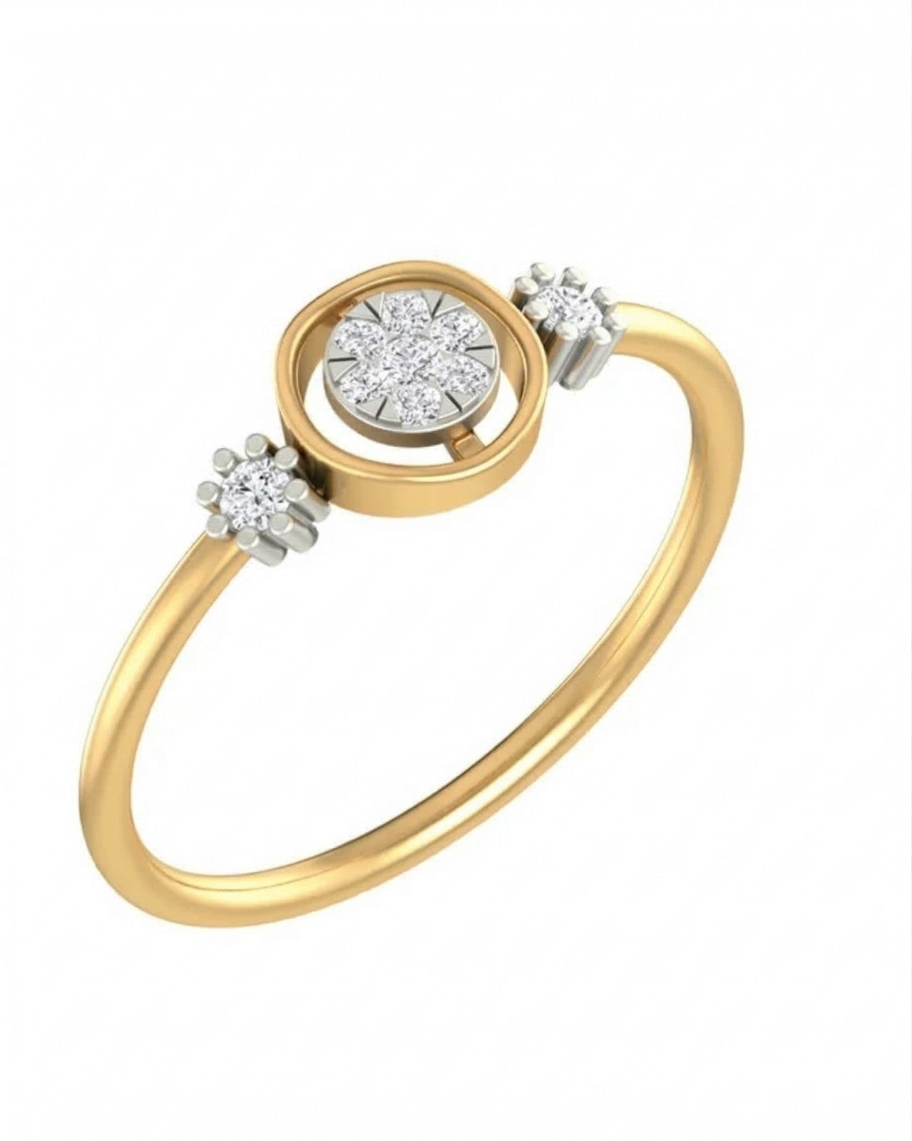 Yellow gold and diamond with round-shaped cluster setting on a white background.