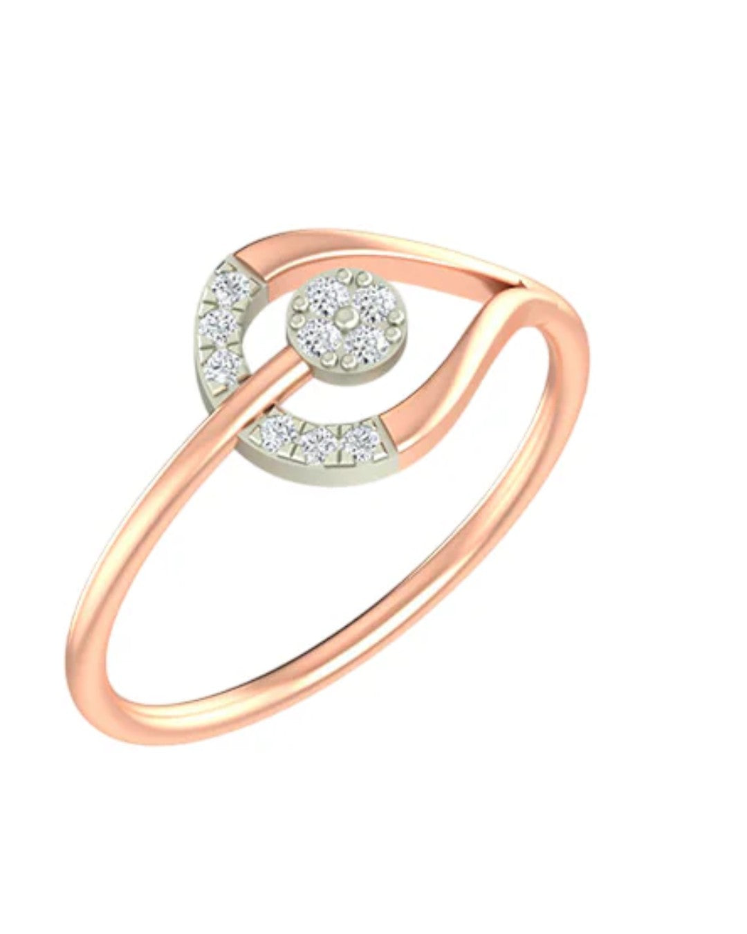 Rose gold ring with diamond accents on a white background
