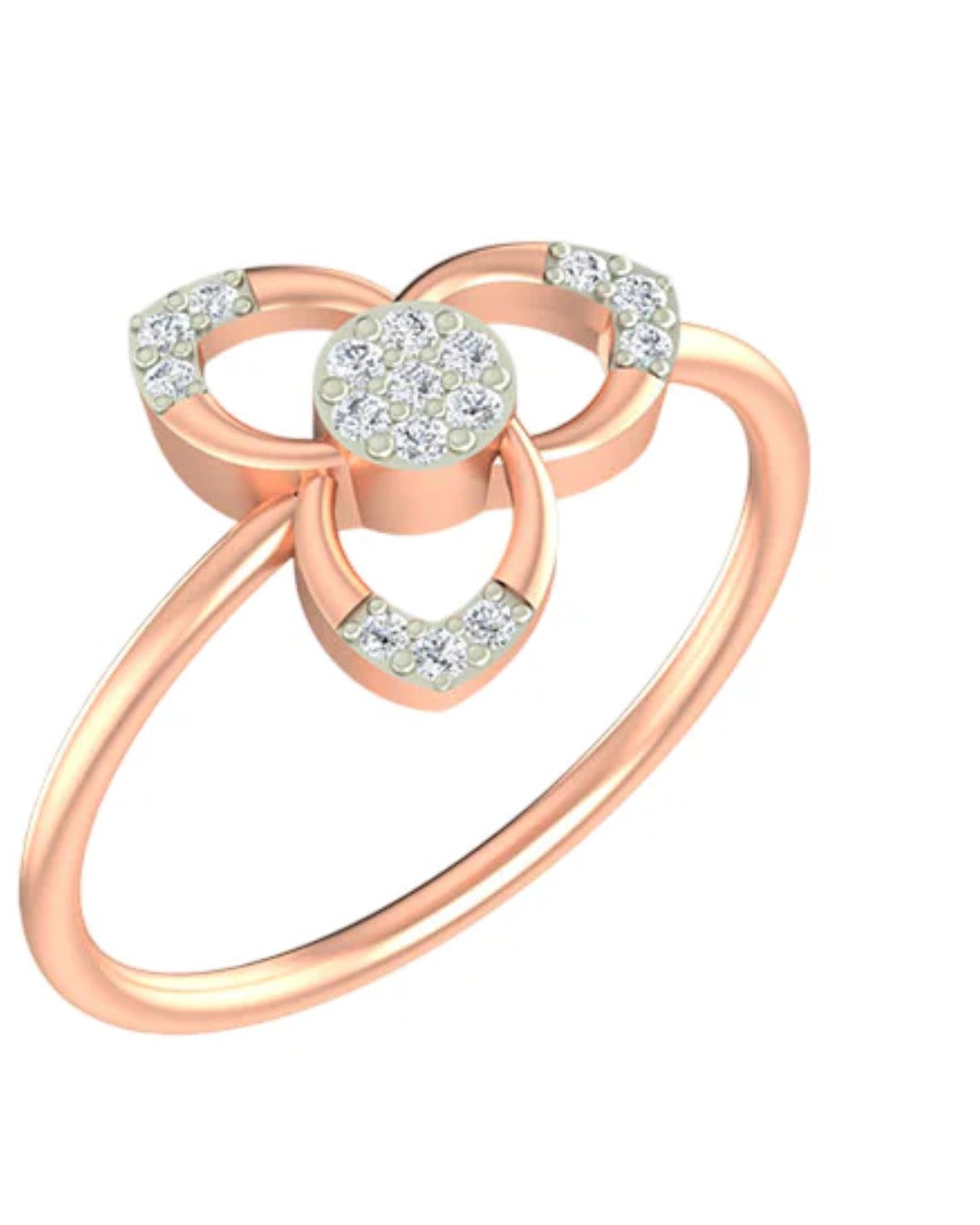 Rose gold ring with diamond accents on a white background