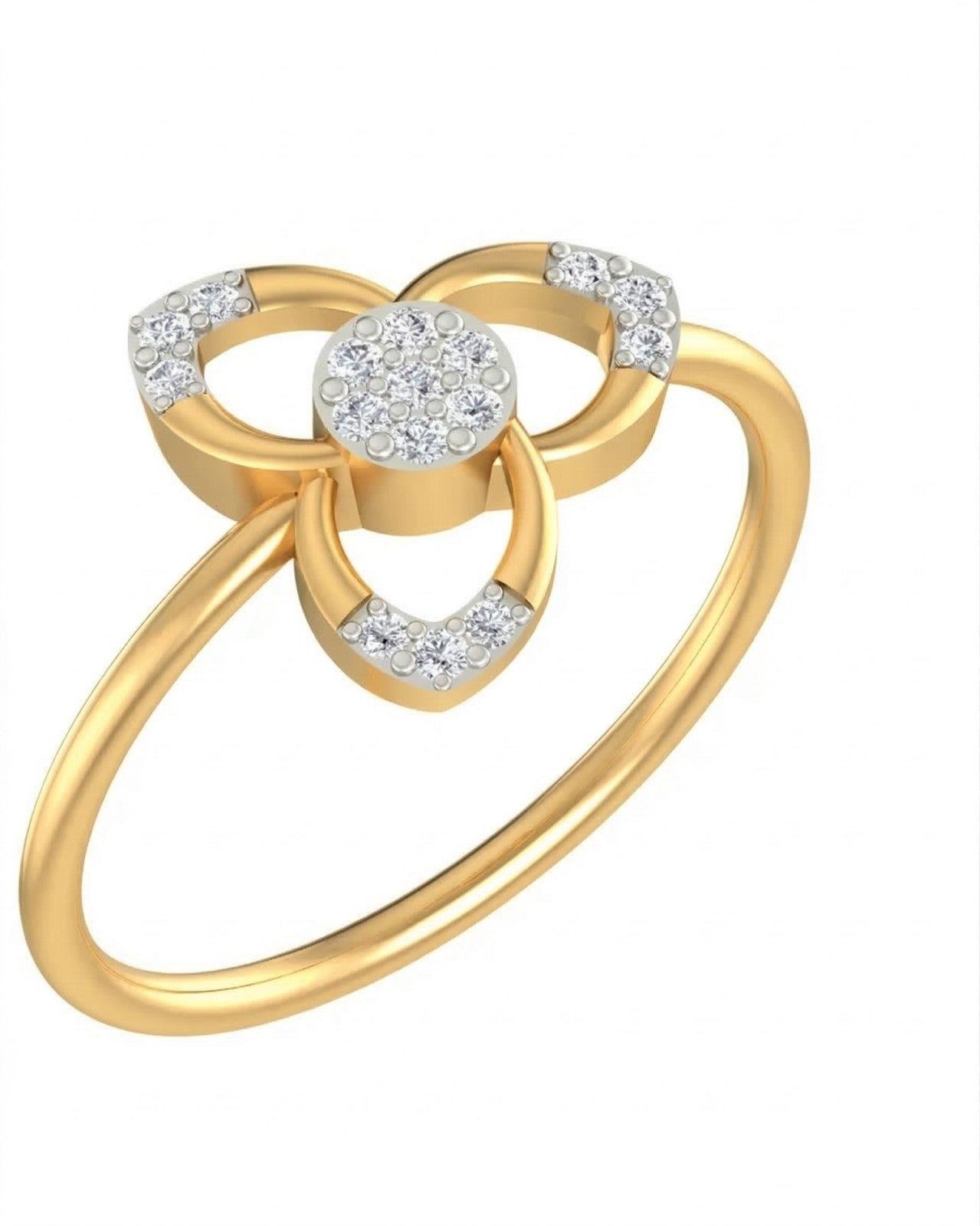 Yellow gold ring with diamond accents on a white background