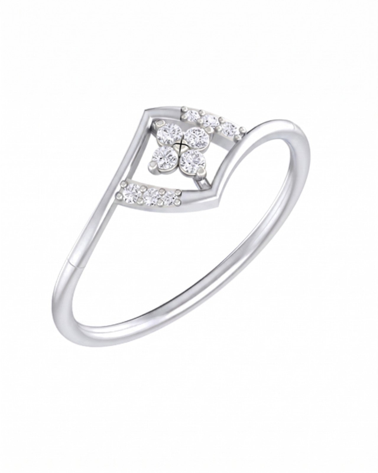 White gold and diamond with floral-design cluster setting on a white background.