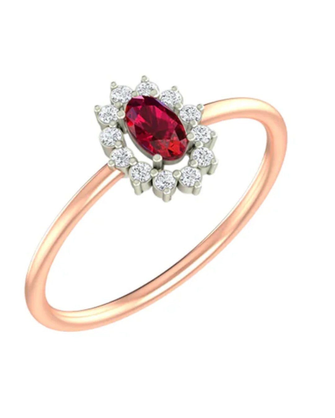 Rose gold and diamond with oval-shaped ruby gemstone setting on a white background.