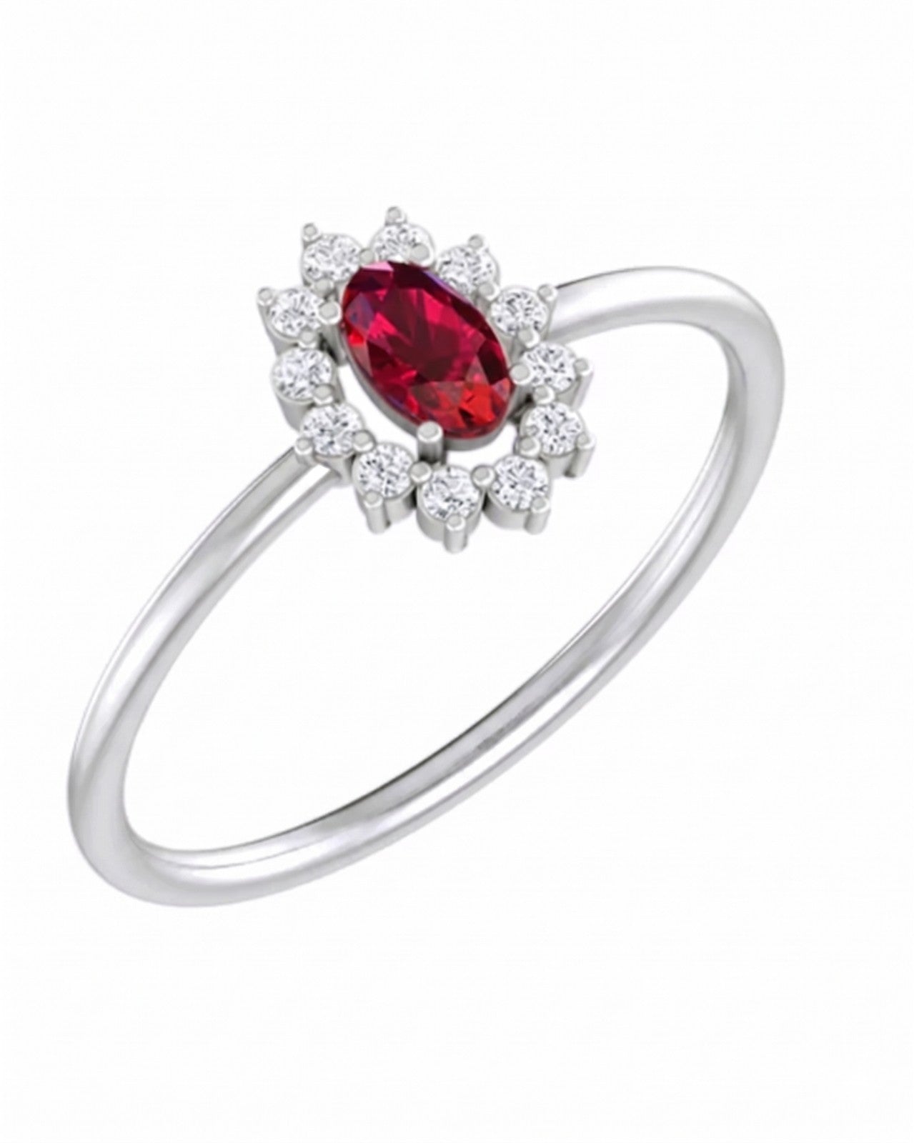 White gold and diamond with oval-shaped ruby gemstone setting on a white background.