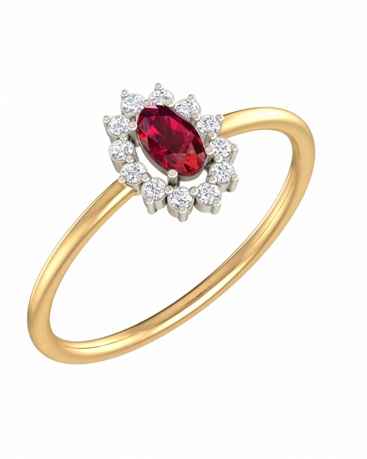 Yellow gold and diamond with oval-shaped ruby gemstone setting on a white background.