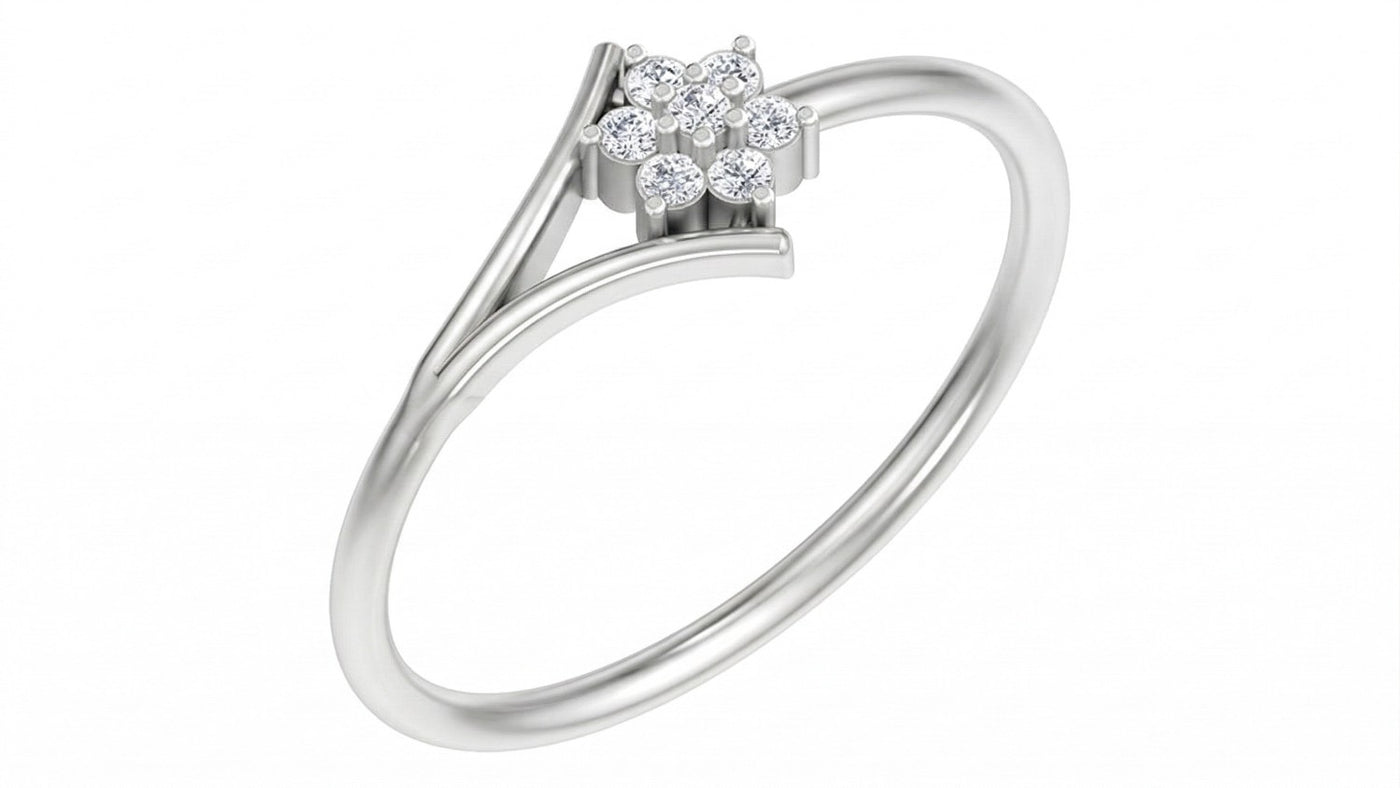 White gold and diamond with floral-design cluster setting on a white background.
