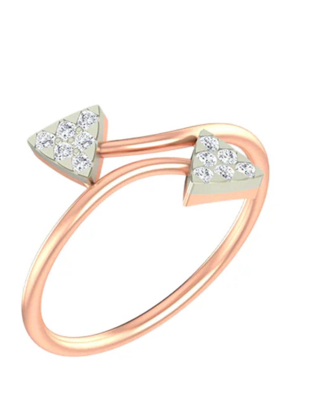 Rose gold ring with two triangular cluster settings on a white background.