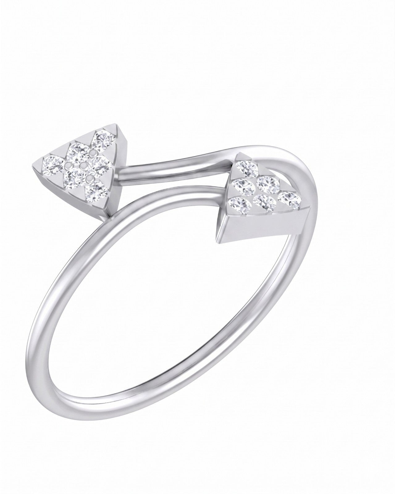 White gold ring with two triangular cluster settings on a white background.