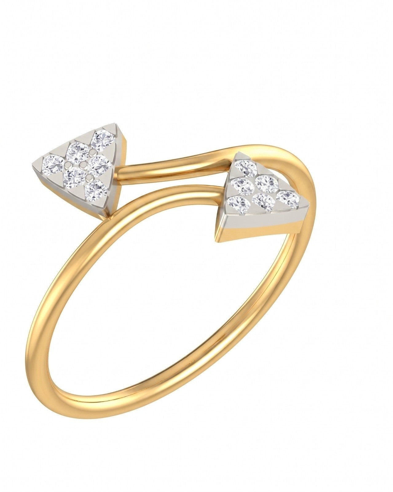 Yellow gold ring with two triangular cluster settings on a white background.