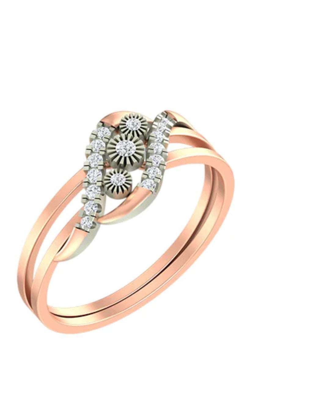 Rose gold and diamond women's ring on a white background.
