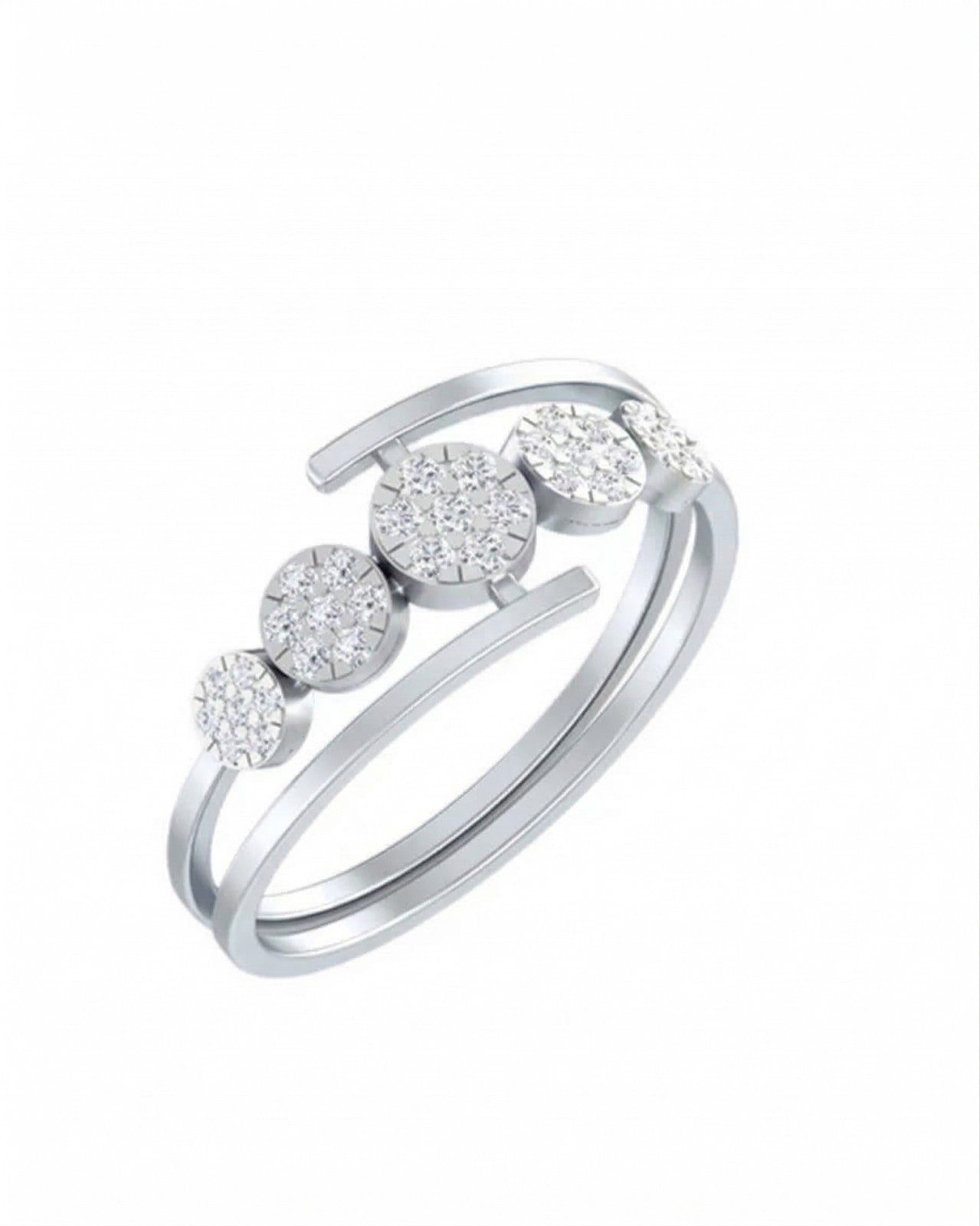 White gold and diamond with five round cluster setting on a white background.