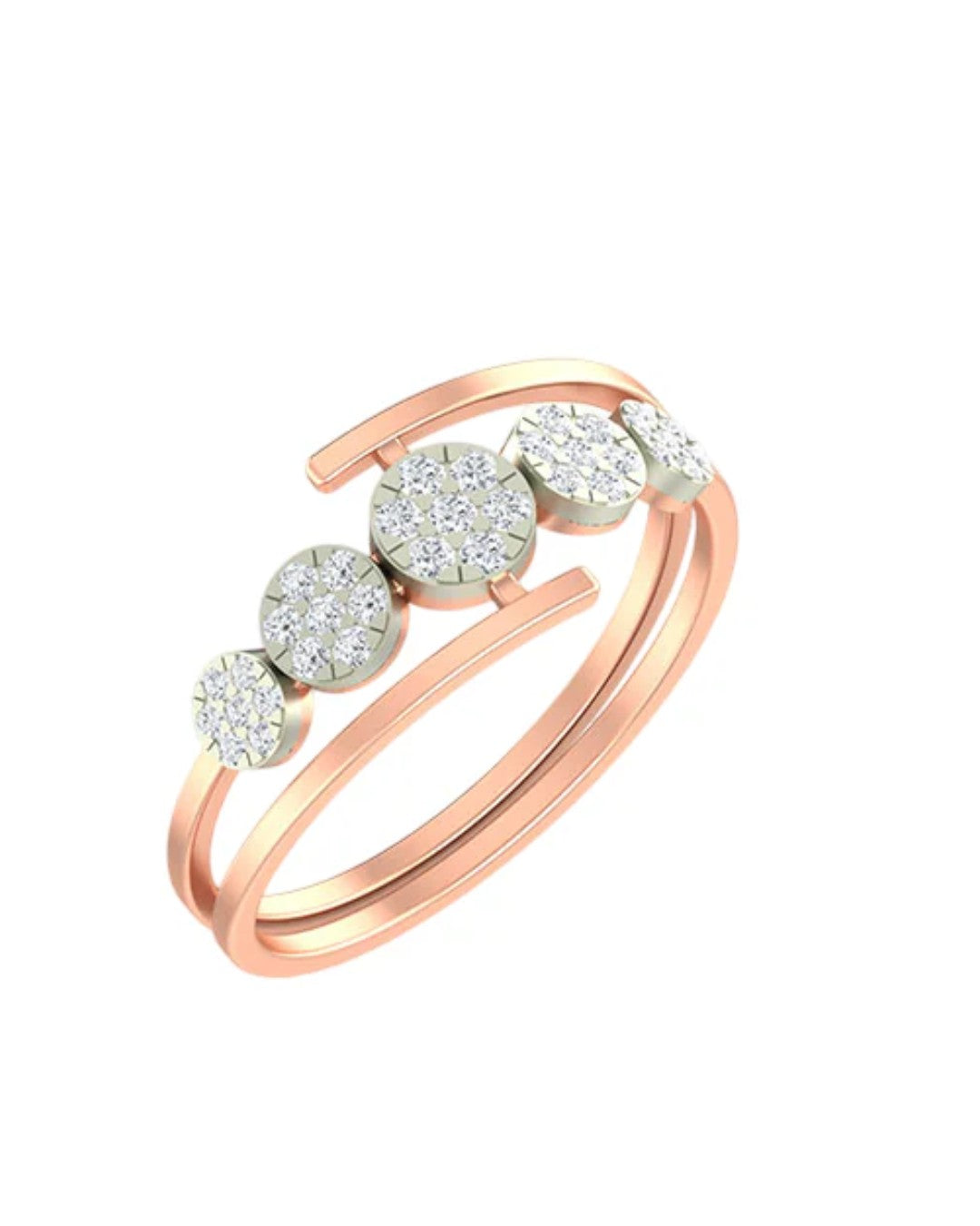 Rose gold and diamond with five round cluster setting on a white background.