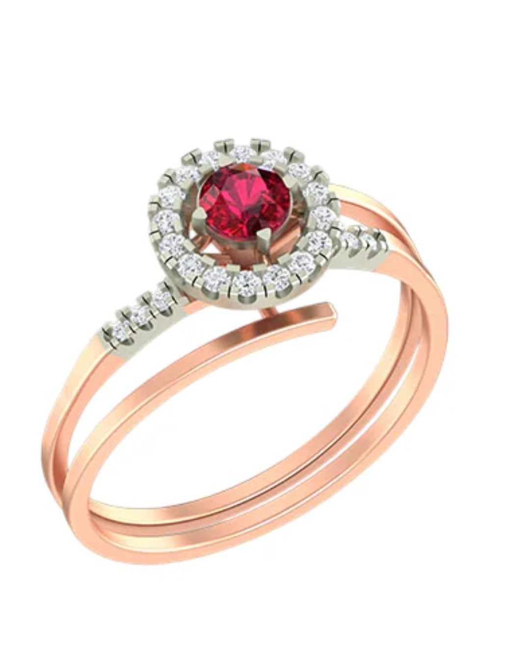 Rose gold and diamond with ruby gemstone on a white background.