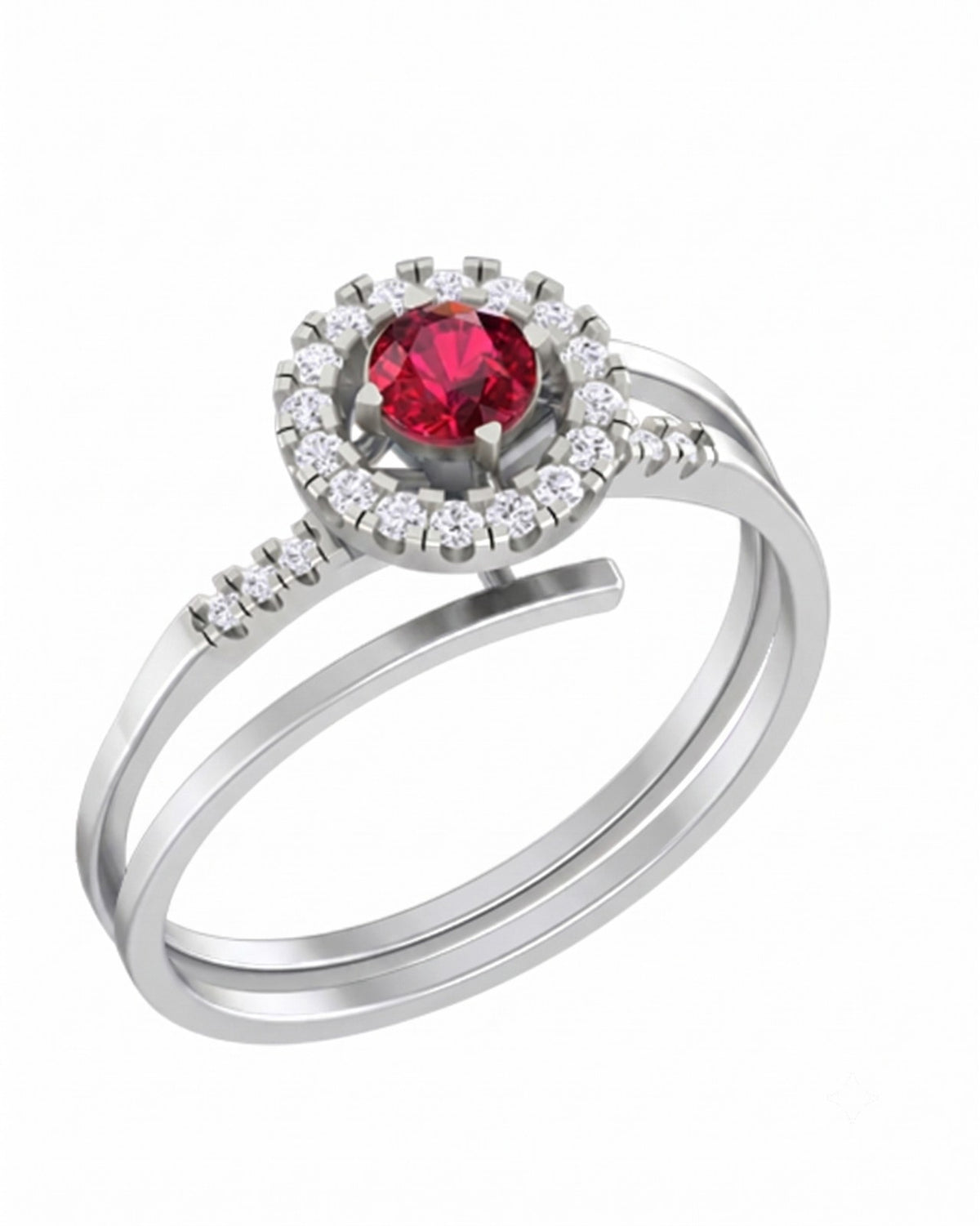 White gold and diamond with ruby gemstone on a white background.