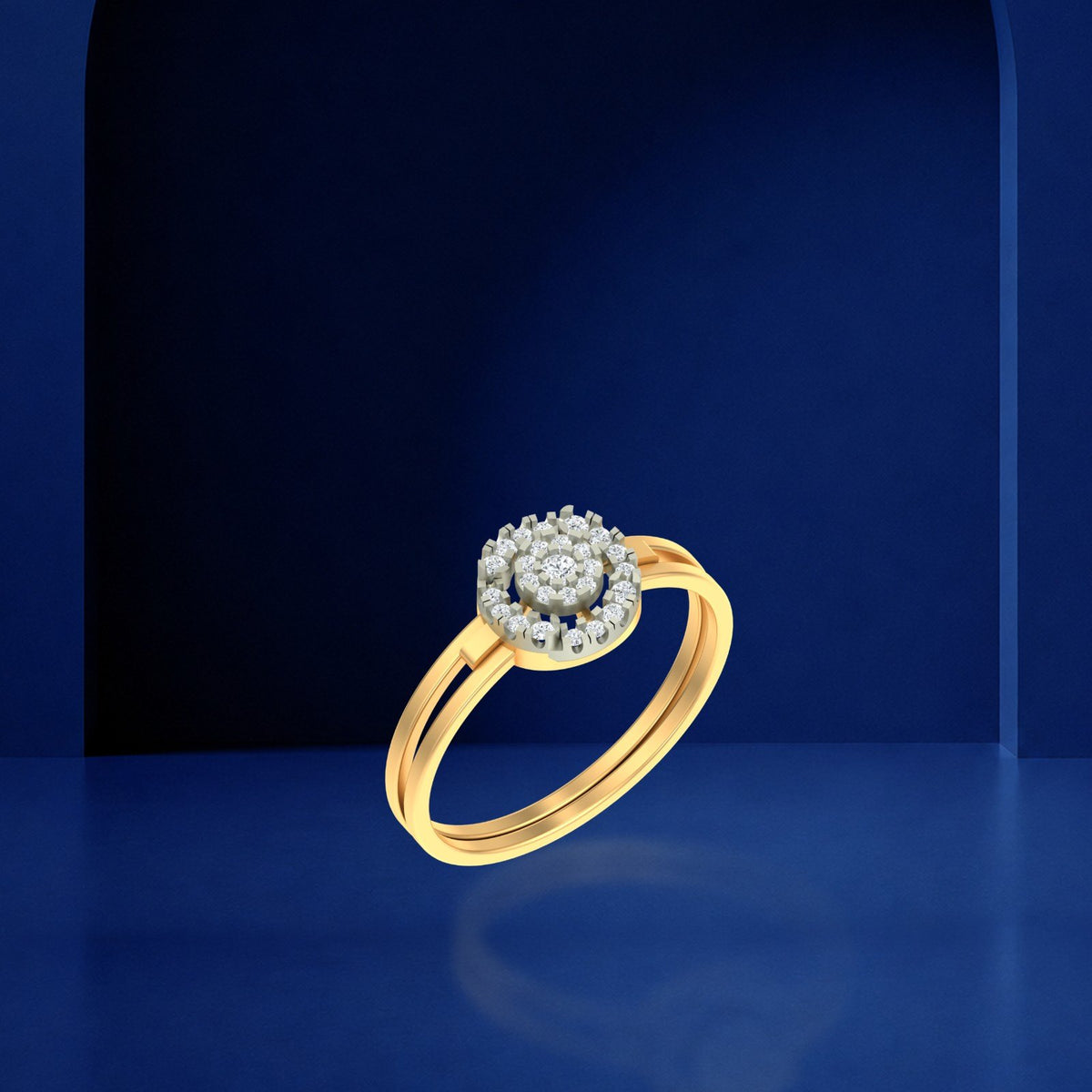 Gold and diamond with cluster halo on a blue surface.