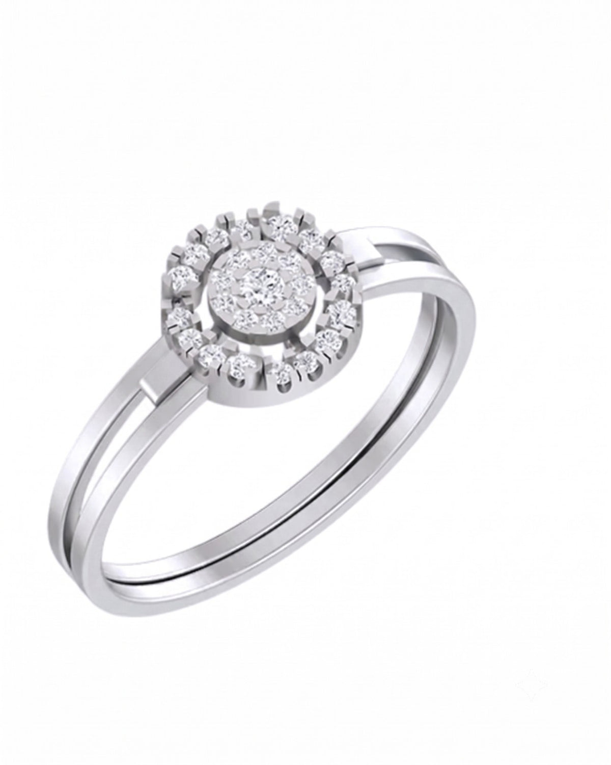 White gold and diamond with cluster halo on a white backfround.