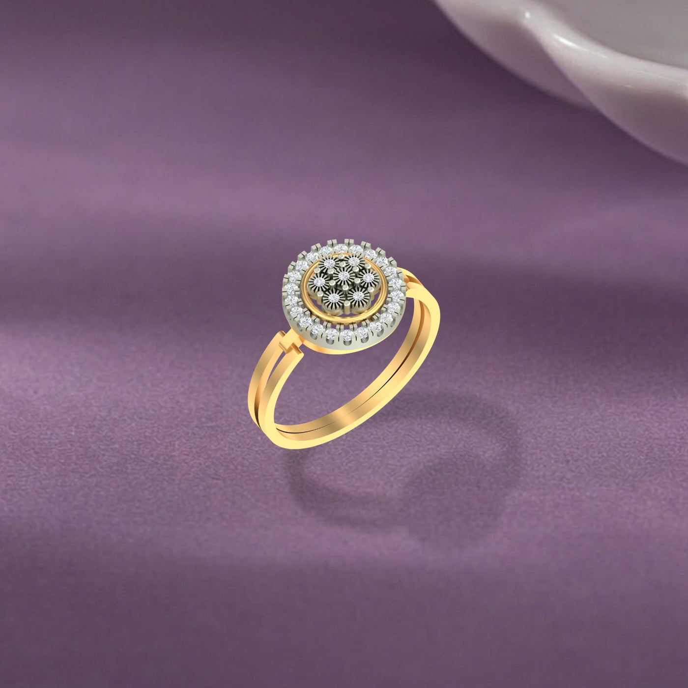 Gold and diamond with cluster on a purple surface.